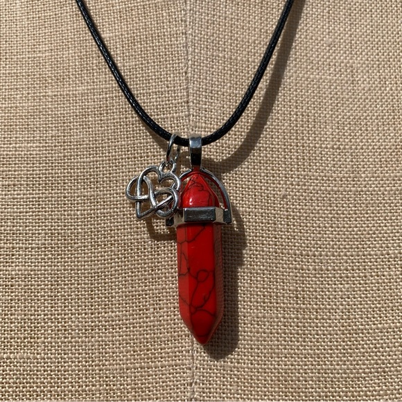 Handmade Blood Red Howlite/Turquoise Crystal Amulet Necklace & Infinity Charm - Picture 2 of 6